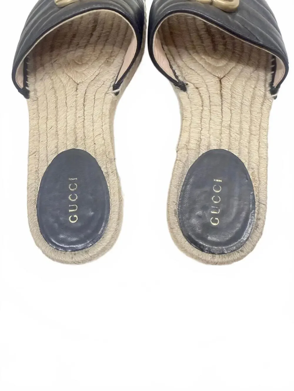 Gucci Marmont Matelasse Leather Espadrille Slide Sandal Black Sz 37.5 US 7.5